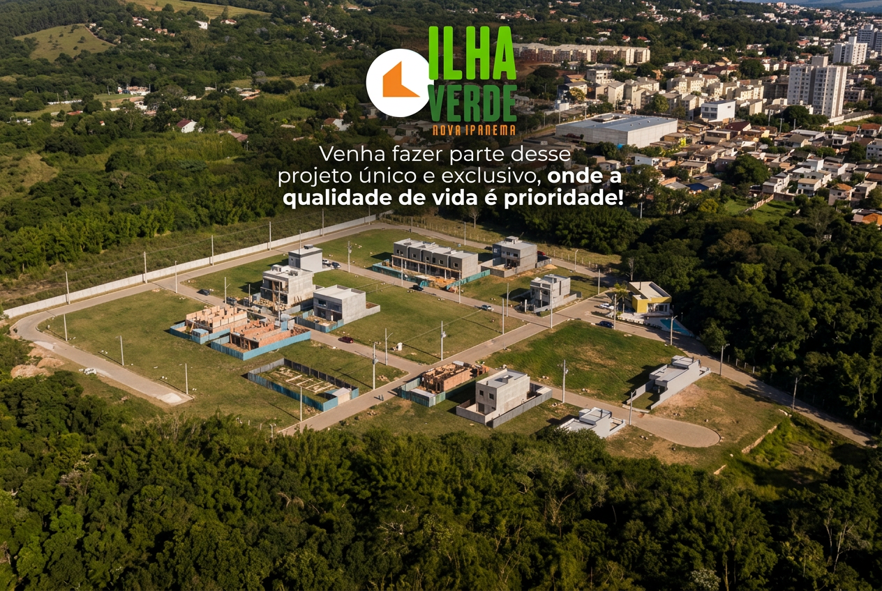 Vista aérea do loteamento Ilha Verde Nova Ipanema, com quadras, casas em construção e mata ao redor